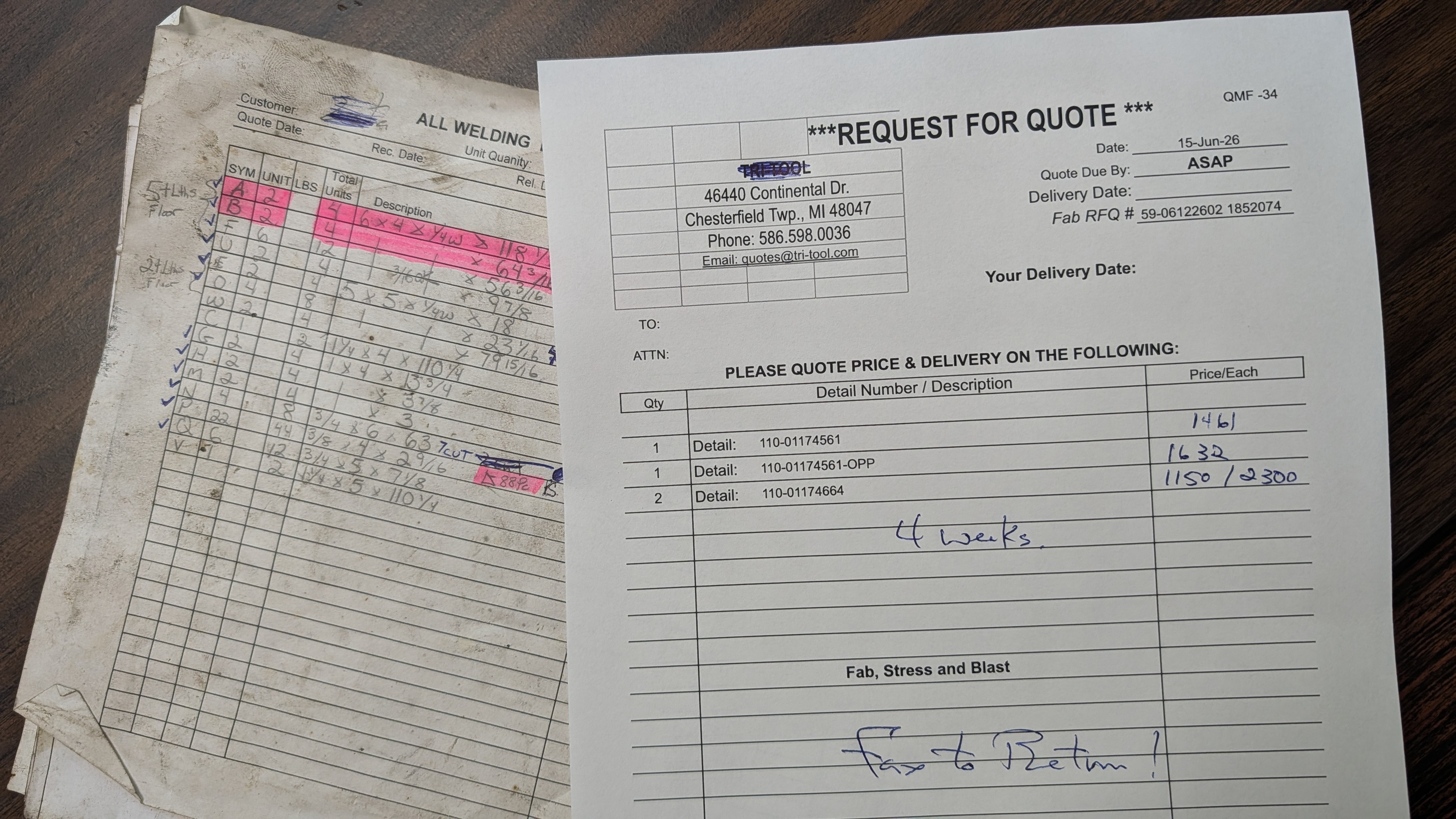 Handwritten quote form showing the old paper-based quoting process before QuoteToFloor